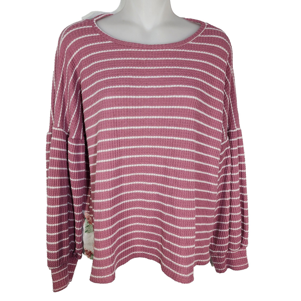 7th Ray Sweater XL Rose Pink Floral Plunge Back Long Sleeve Striped Waffle Knit